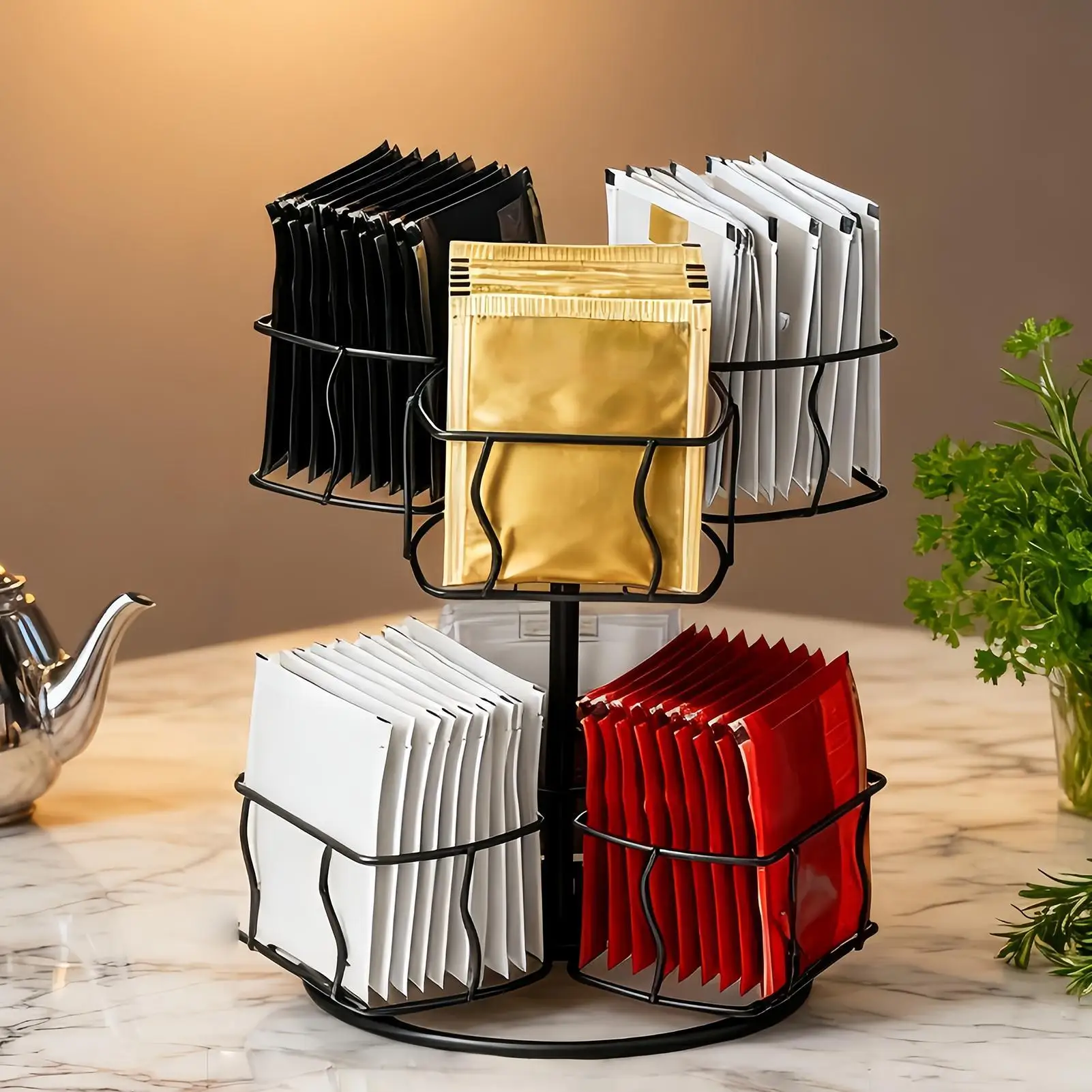 

Tea Holder Organizer 2-Tier Rotating 6-Compartment Countertop Storage Creamer Sugar Teabag Basket Container for Home Office