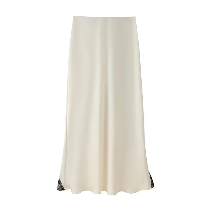 KEYANKETIAN Sommer Neue frauen Spitze Spitze Dekoration Satin Textur Midi Halbkörper Rock Hohe Taille Langen Rock