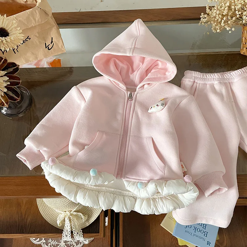 

Spot GoodsQT252206Girls' Fleece-Lined Set2025Autumn and Winter New Fleece Cloud Puffy Hooded Set