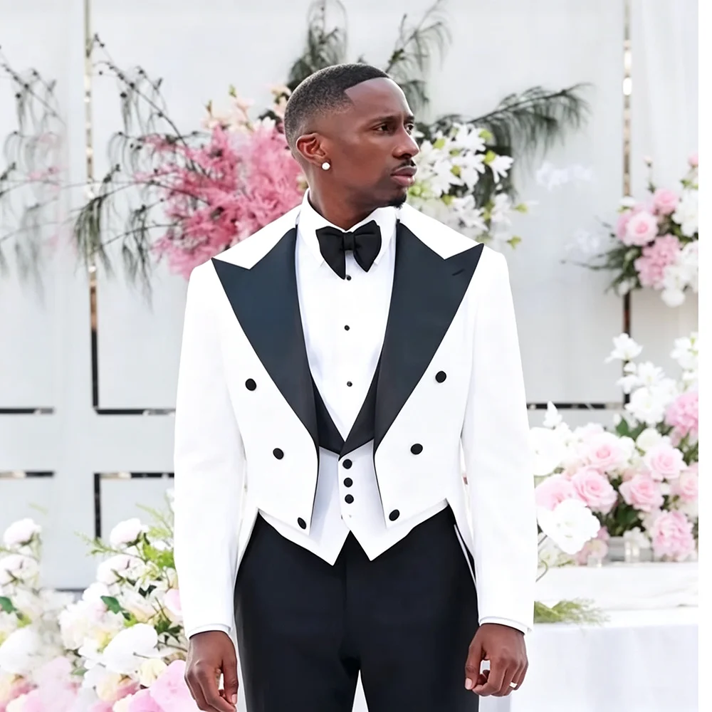 Fashion Black White Men's Suits Blazer Double Breasted Notch Lapel 3 Piece Jacket Vest Pants Business Casual Male Clothing
