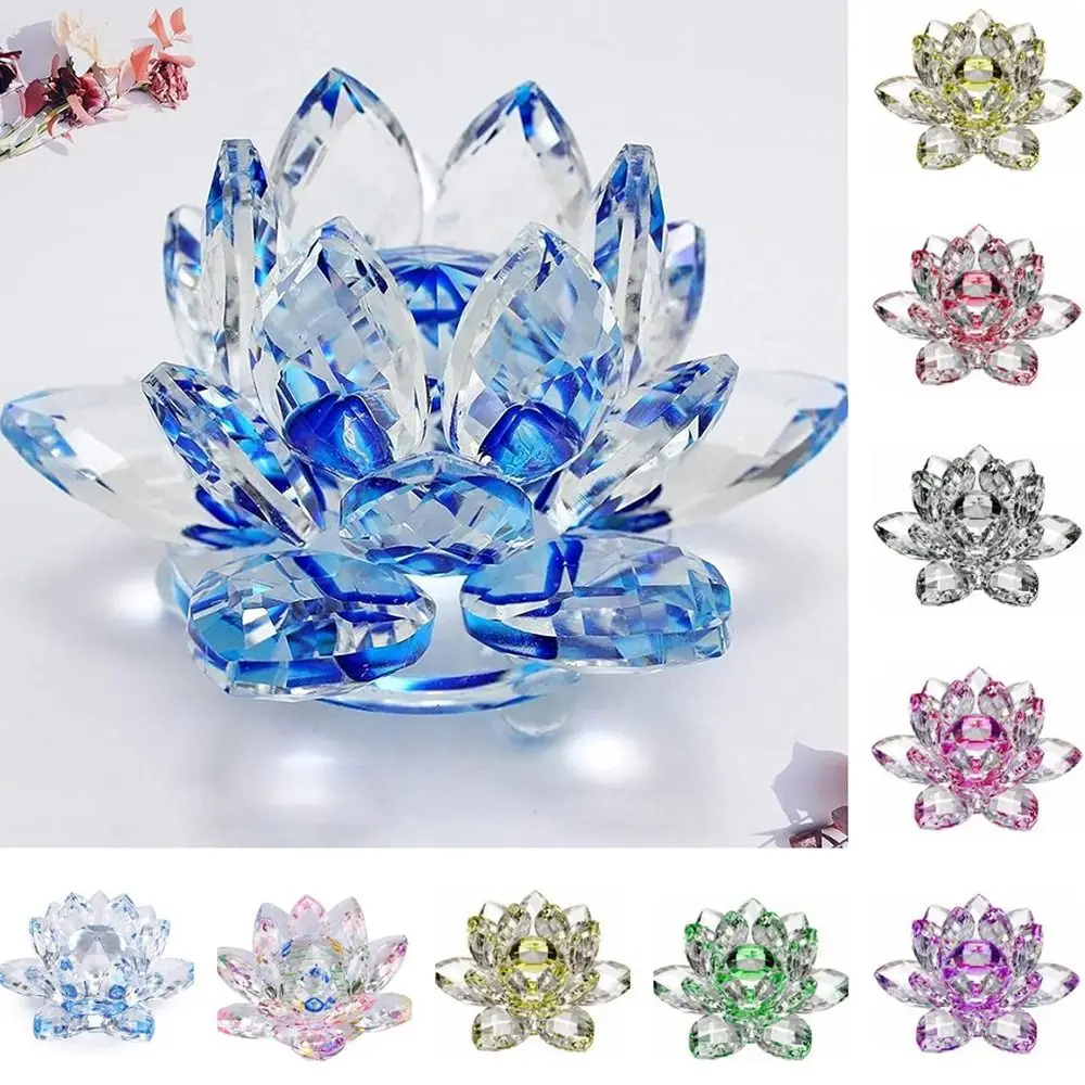 Hue Reflection Crystal Lotus Flower Anti-slip 3 Foots Crystal Flower Figurine 3 Layers Lucky Charm Glass Lotus Feng Shui Decor