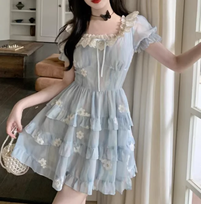 فستان صيفي كبير الحجم بطباعة حلوة فرنسية بأكمام قصيرة، فساتين عصرية بخصر عالٍ ومتعددة الاستخدامات ورقبة مربعة #2