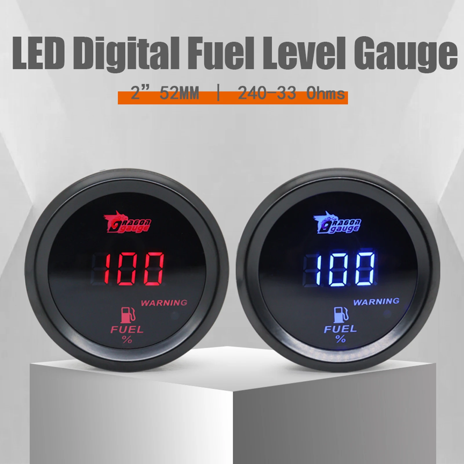 Universal 2inch 52MM 52MM Digital Display Car Fuel Level Gauge 240-33 Ohms Blue Led/Red Led 12V