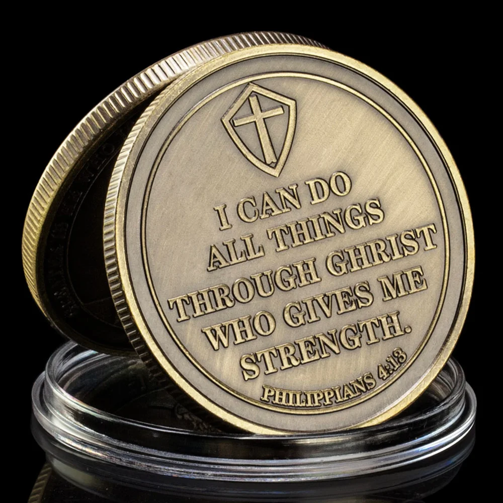 I Can Do All Things Antique Bronze Plated Challenge Coins Featuring A Kneeling Knight Templar and Philippians 4:15 Honor Coin