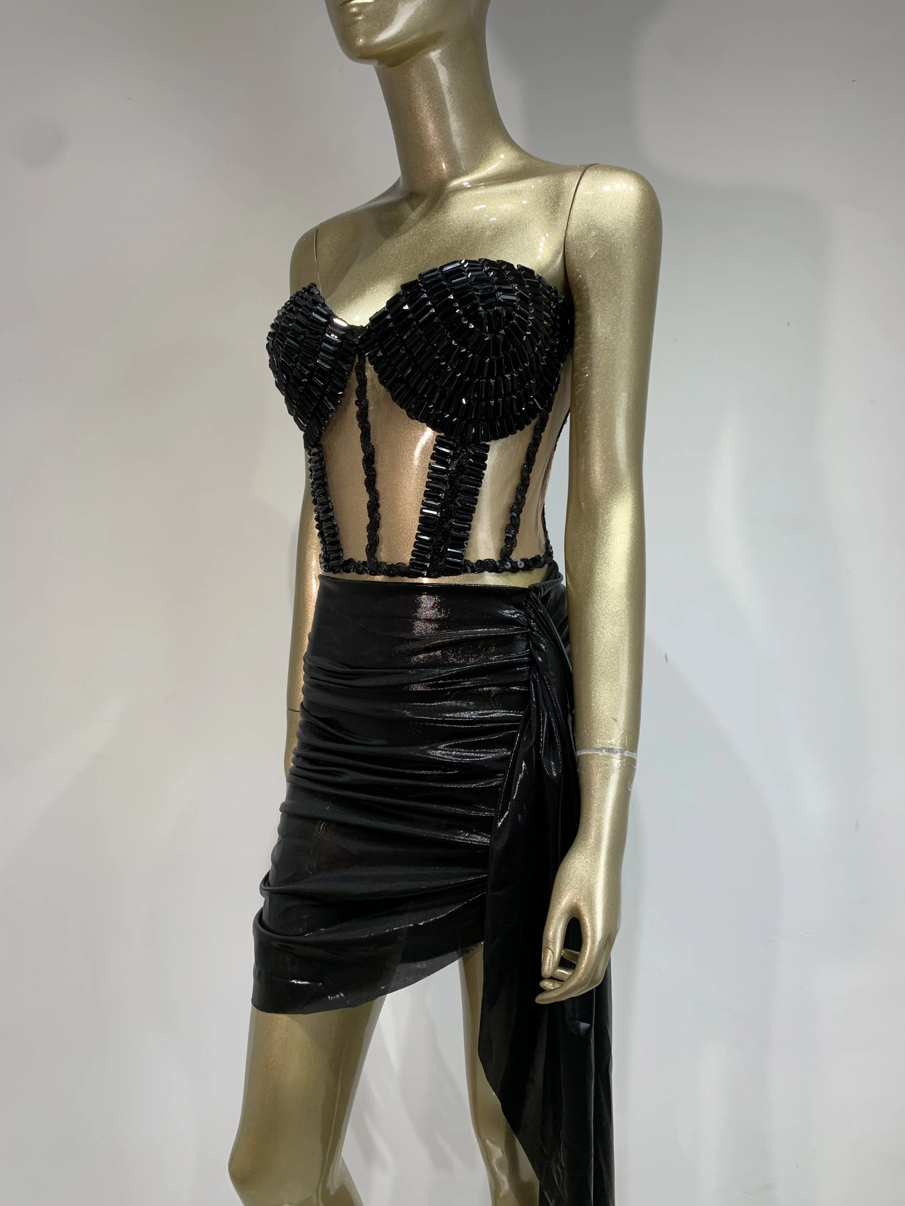 Women Sexy Sheath Strapless Black Diamond Skirt Set Birthday Evening Party Dress Club Celebrity Singer Stage Performa Costume