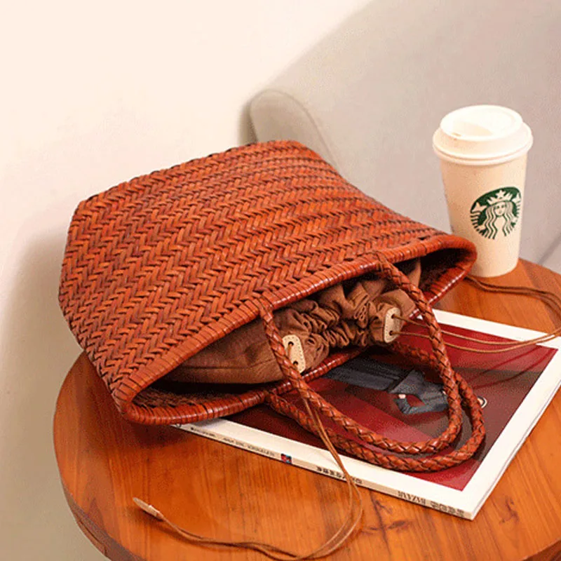Women Genuine Leather Woven Tote Bag Large Capacity Casual Commuter Shoulder Bag Lady Vintage Basket Handbags with Inner Pouch view 2