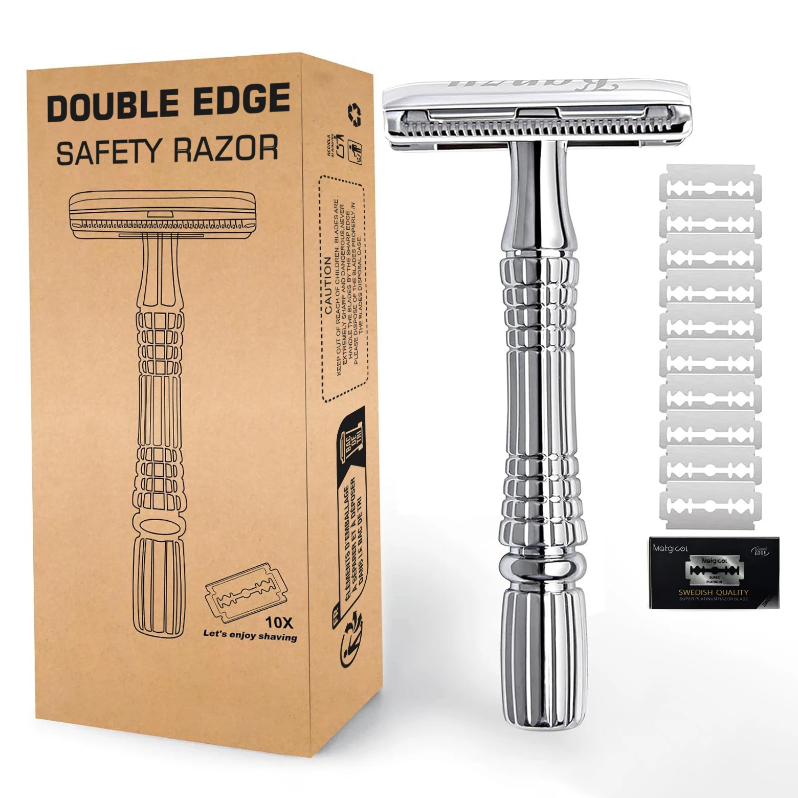 

Безопасная бритва с двойным лезвием для мужчин и женщин, металлическая бритва с 10 безопасными лезвиями с двойными лезвиями, экологически чистая бритва, серебро
