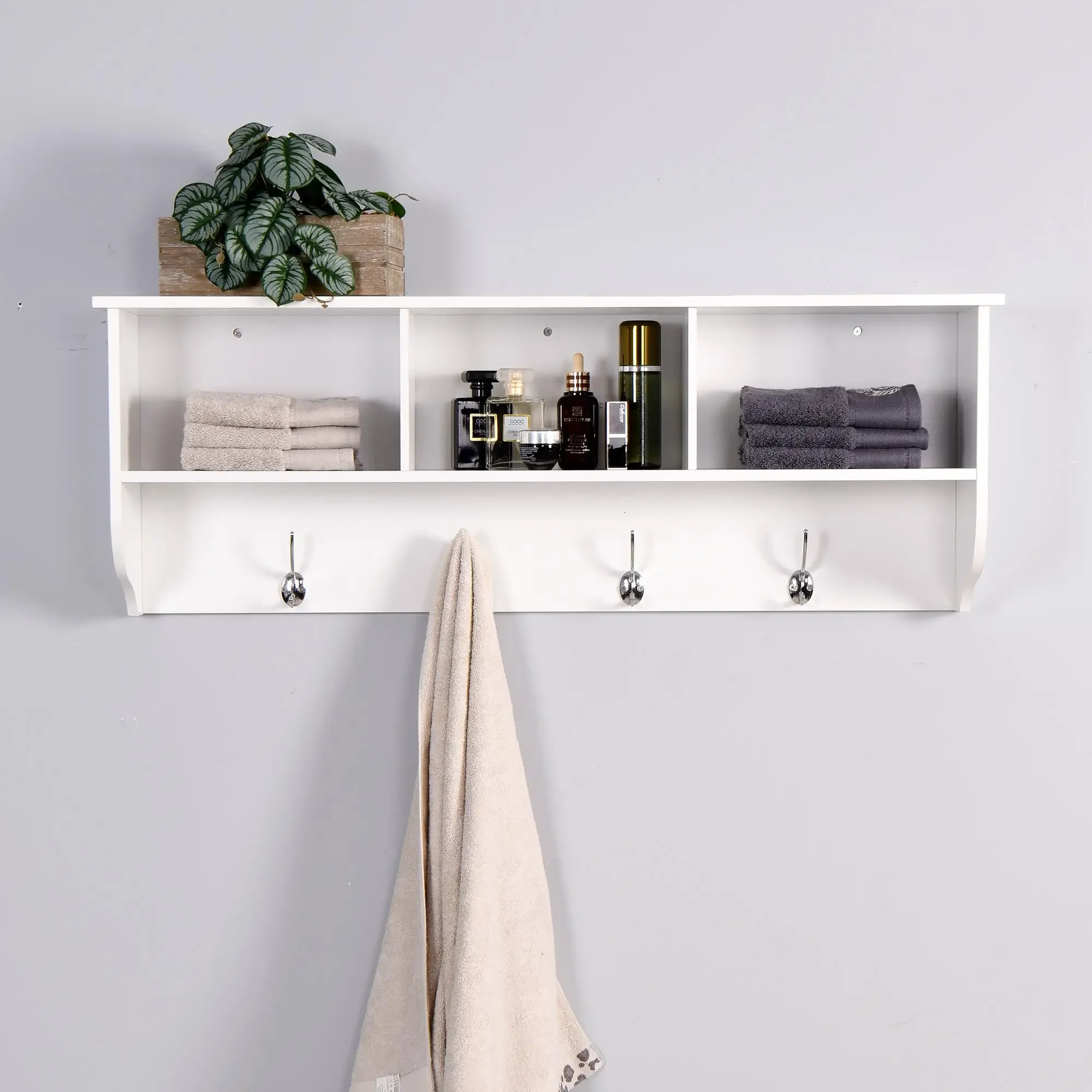 

White Entryway Wall Mounted Coat Rack with 4 Dual Hooks Living Room Wooden Storage Shelf, two-piece hanging rail system