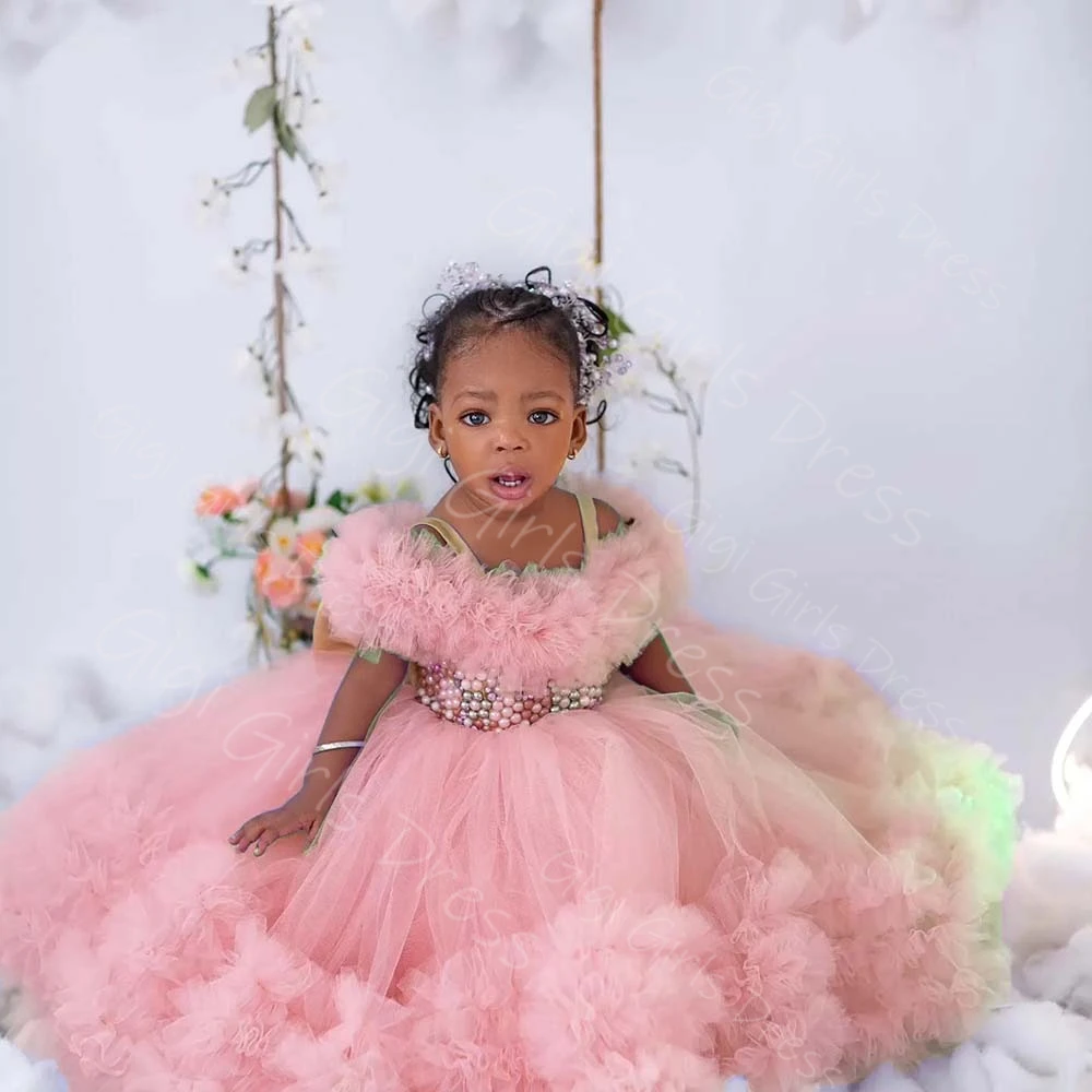 Abito da ragazza di fiori per bambini per matrimonio con spalle scoperte e perline, abito da principessa in tulle a strati, abito da festa di compleanno personalizzato