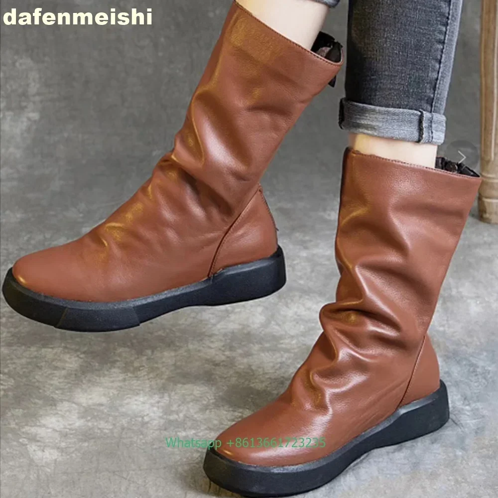 2025 Winter Warme Fleece Mode Laarzen Zwart/bruin Koeienhuid Platform Terug Rits Laarzen Ronde Neus Effen Kleur Dames Halfhoge Laarzen