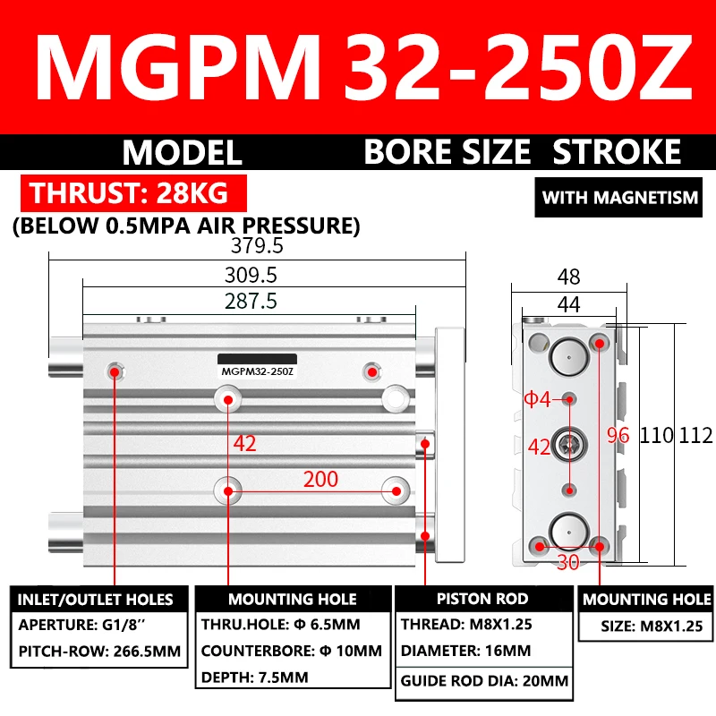 

ABILKEEN MGPM Pneumatic Compact Guide Cylinder MGPM32-250Z 32MM Bore X 250MM Stroke Three Axis Three Rod Thin Air Cylinder