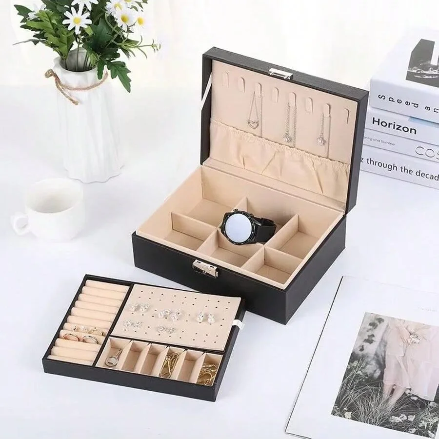 

Double-layer Household Necklace Earring Jewelry Storage Box Large Capacity Dustproof Storage Boxes Travel Portable Display Box
