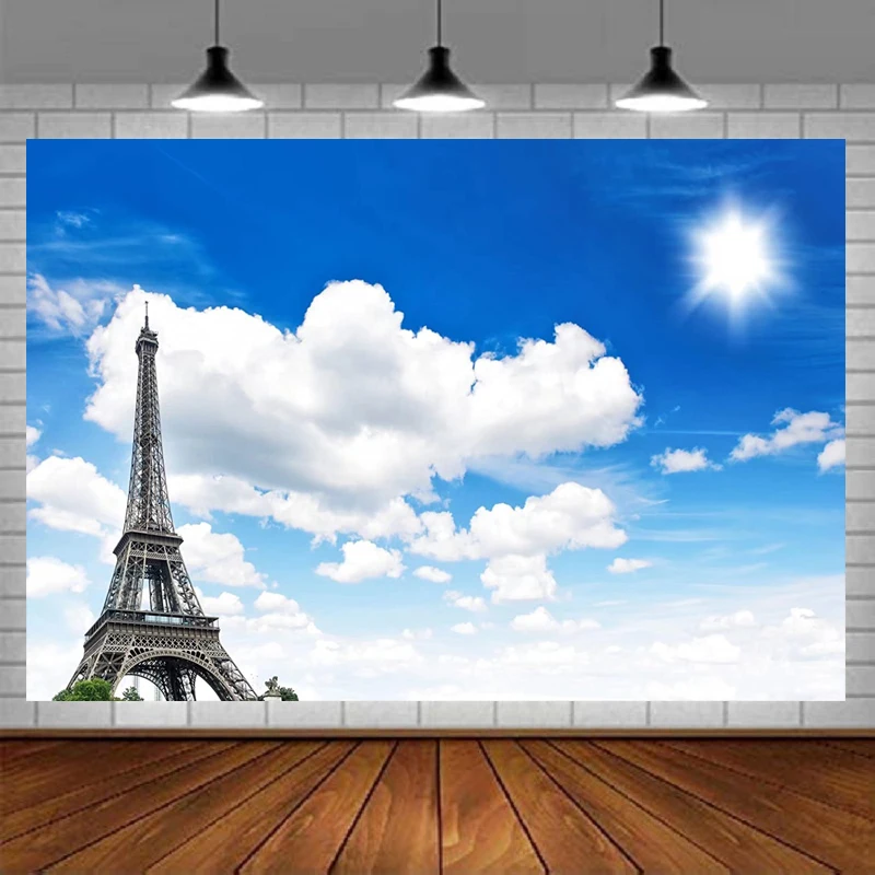 

Photography Backdrop Photo Studio Paris Eiffel Tower Banner Poster Blue Sky White Clouds Background Decoration