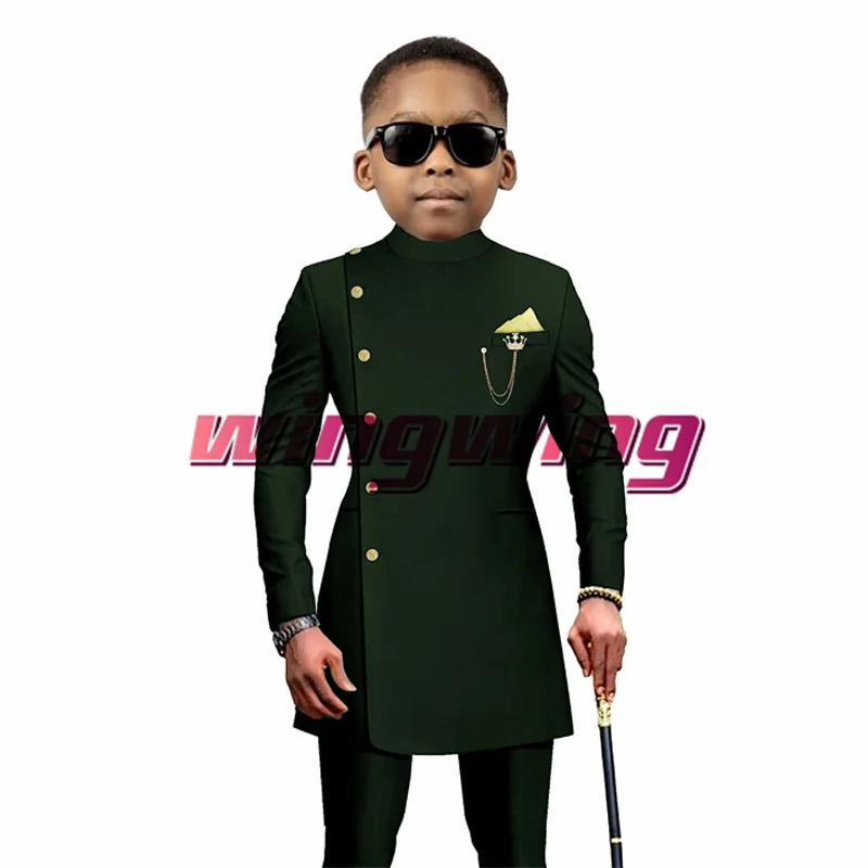 Indian Style Boys Suit Wedding 2 Pieces Long Jacket Pants Black Single-breasted Blazer for Kids 2-16 Years Old Custom