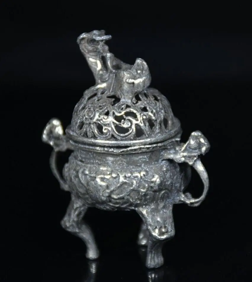 6CMRare Old China Miao Silver Feng Shui Pixiu Beast 3 Feet Incense Burner