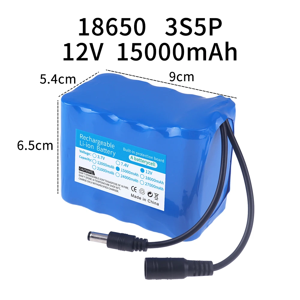 12V 15000mah New Portable 3S5P 18650 Rechargeable Li-Ion lithium battery 12v For LED Lamp Light Backup Powe Etc+ 12.6V Charger