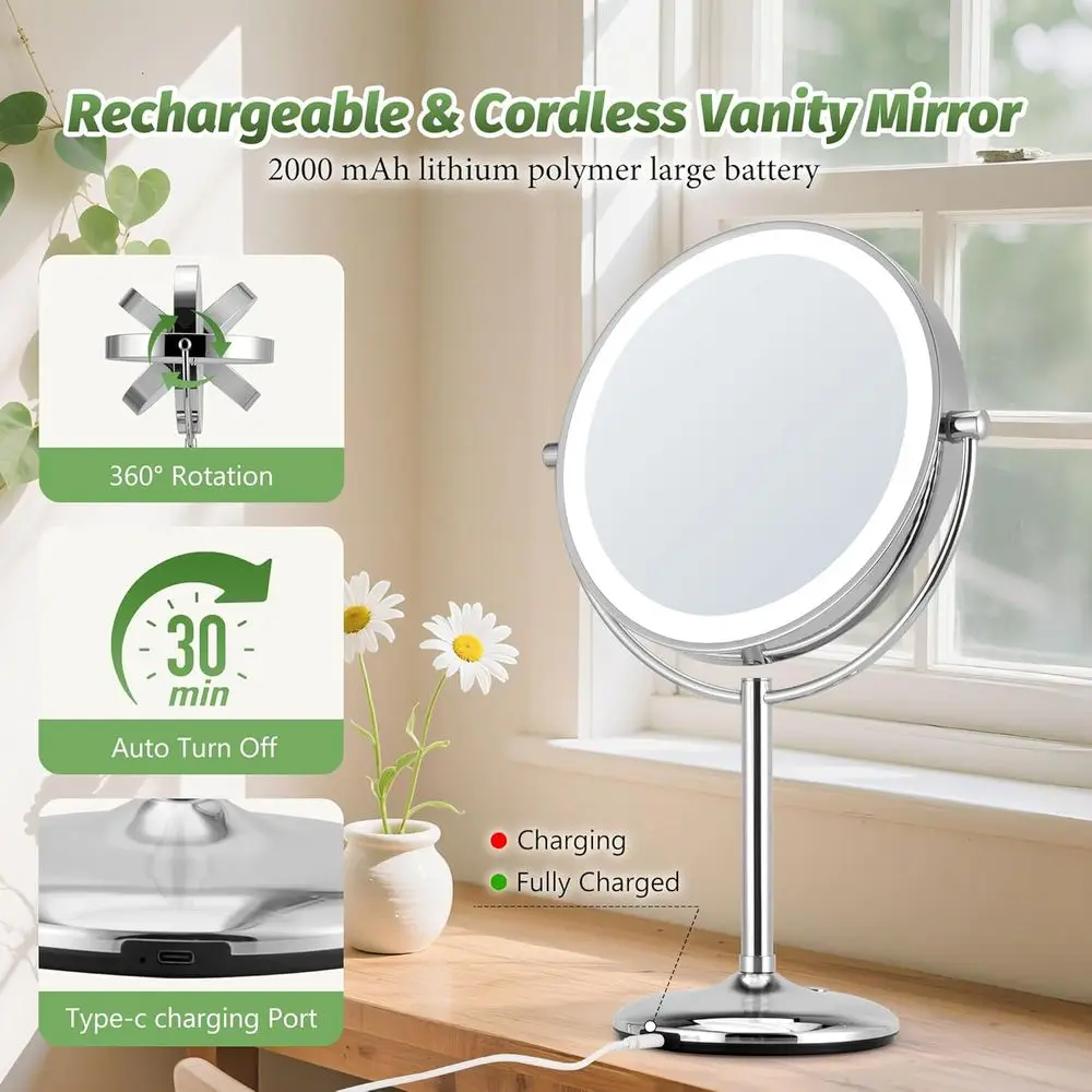 Miroir de maquillage éclairé 9 avec grossissement 20X/1X, chargement de base et miroir de courtoisie à éclairage réglable en 3 couleurs pour un usage domestique