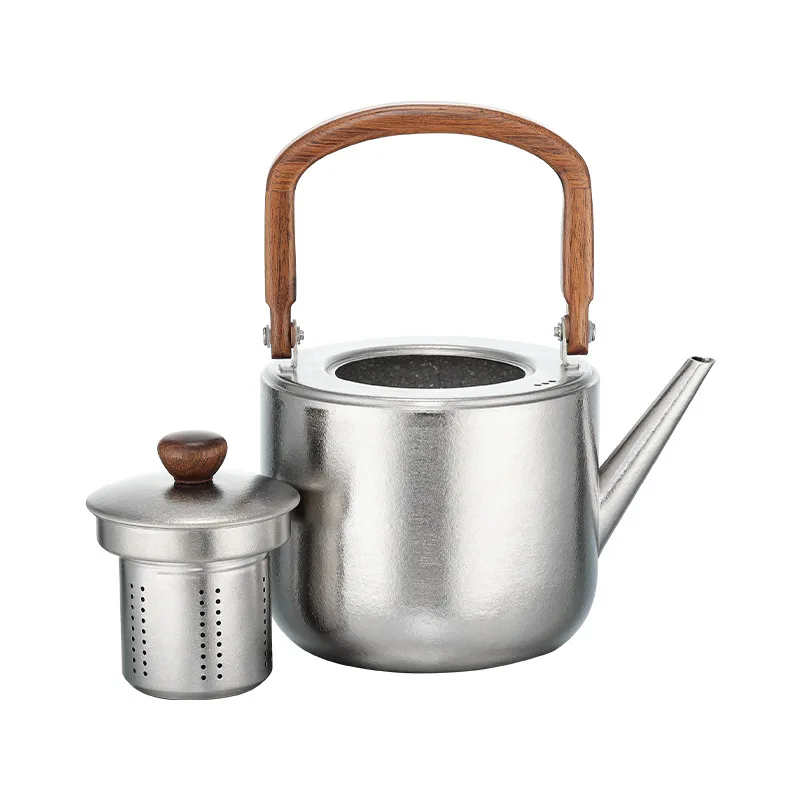 1100ml Large Capacity Water kettle With Filter And Heat-insulating Wooden Handle,Single-layer Pure Titanium,Outdoor Drinkware