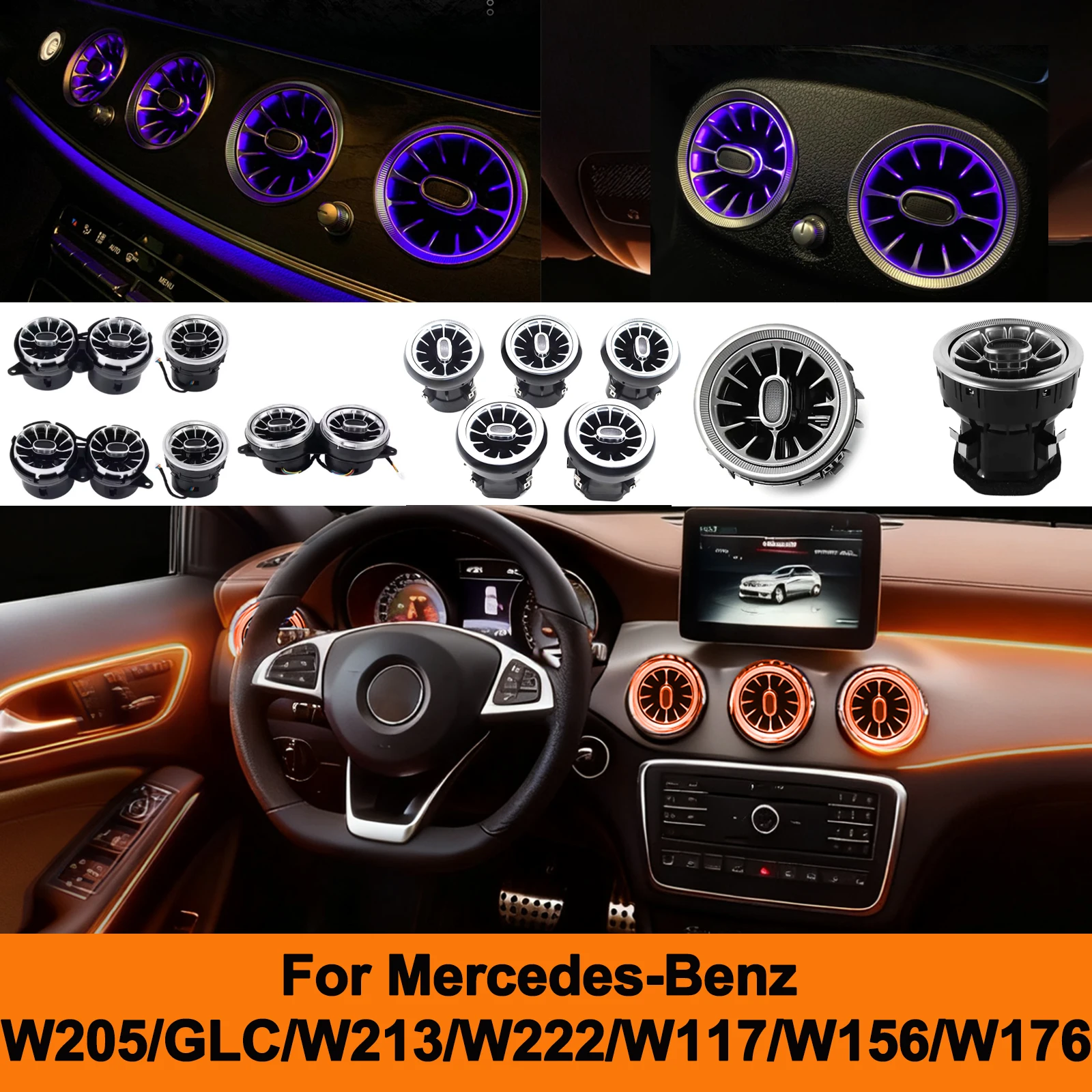 

Для Mercedes Benz A/C/E-Class окружающий свет RGB 64 цвета светодиодные вентиляционные отверстия турбина универсальная декоративная лампа оригинальная автомобильная система