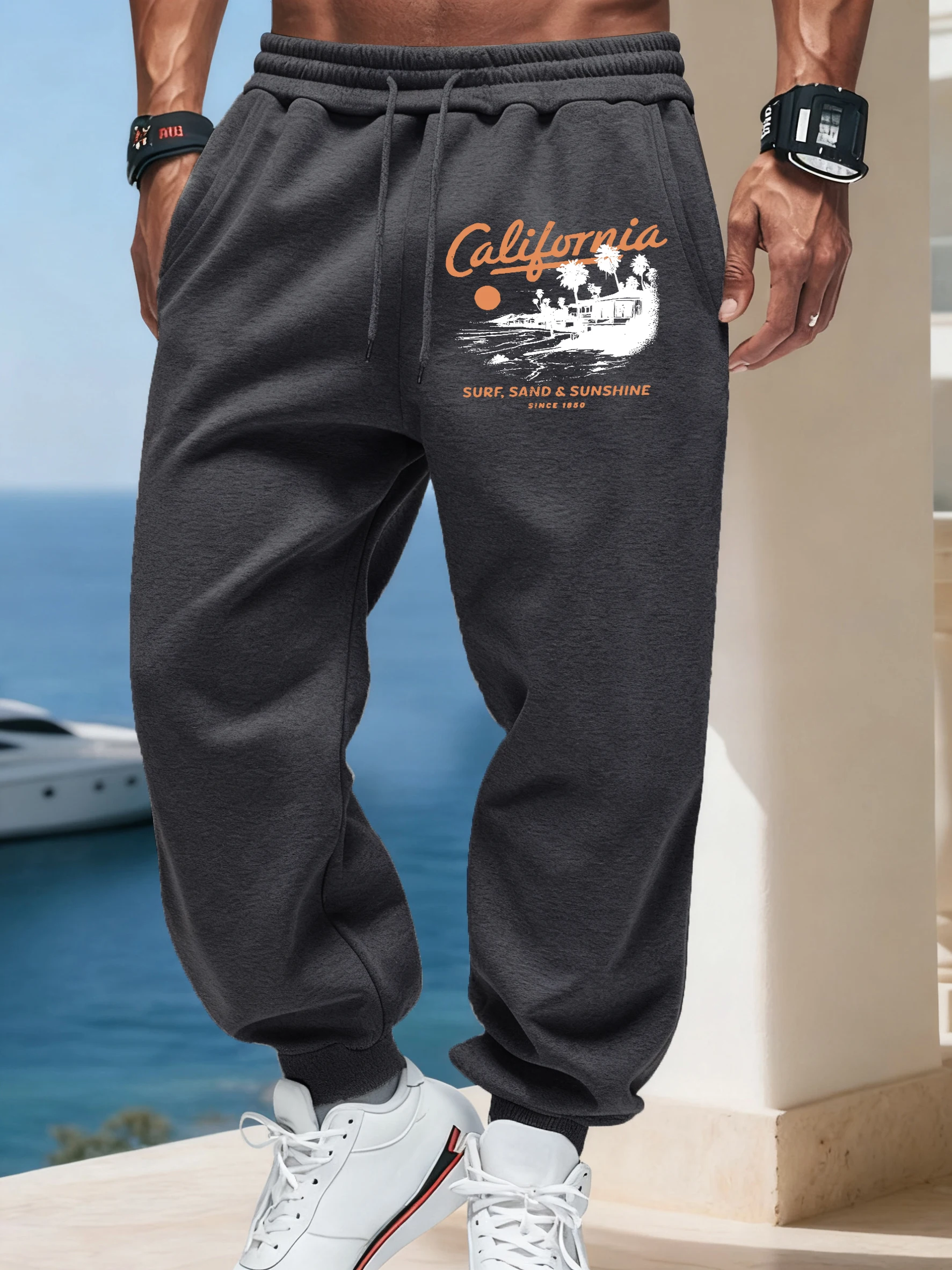 

California Surf Sand Prints Men Basics Soft Pants Autumn Street Britches Trendy Elastic Waist Sportpants Pocket Fleece Trousers