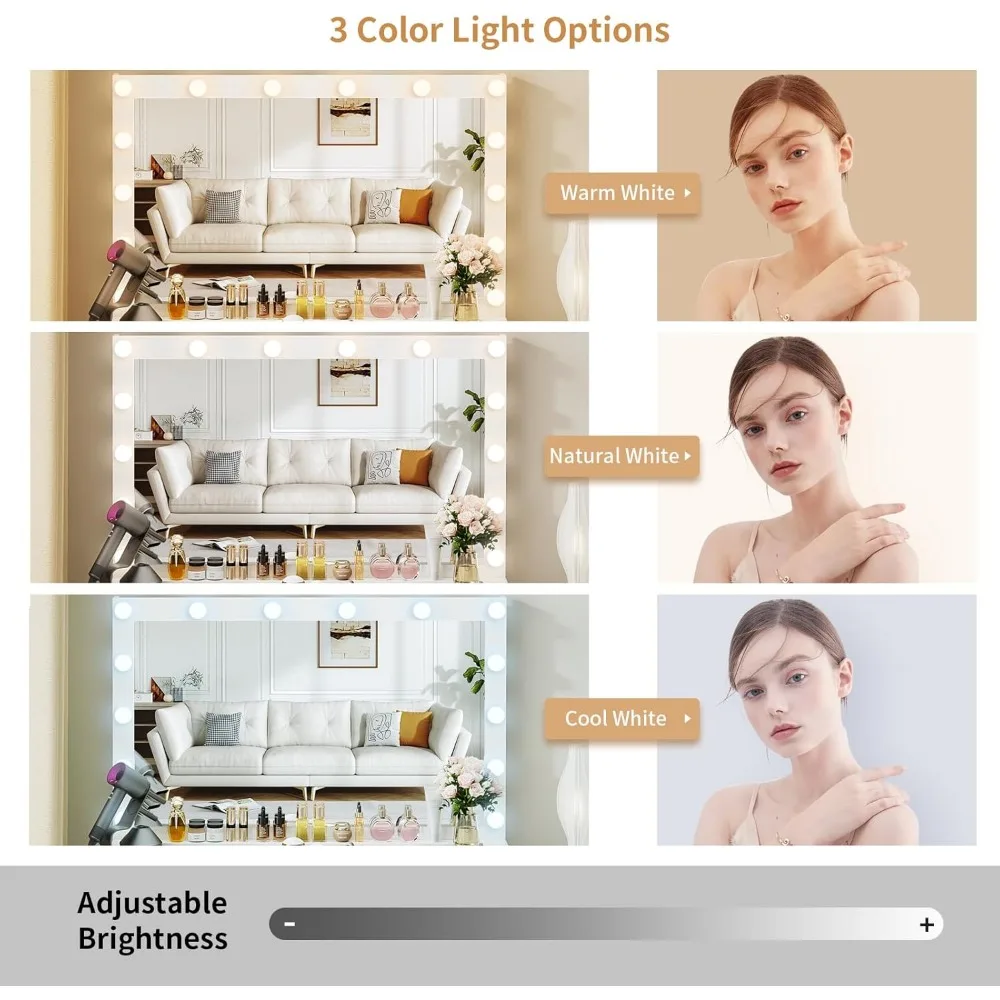 Makeup vanity with glass top, 7 drawers and power sockets, 3 color lighting modes with adjustable brightness image 5