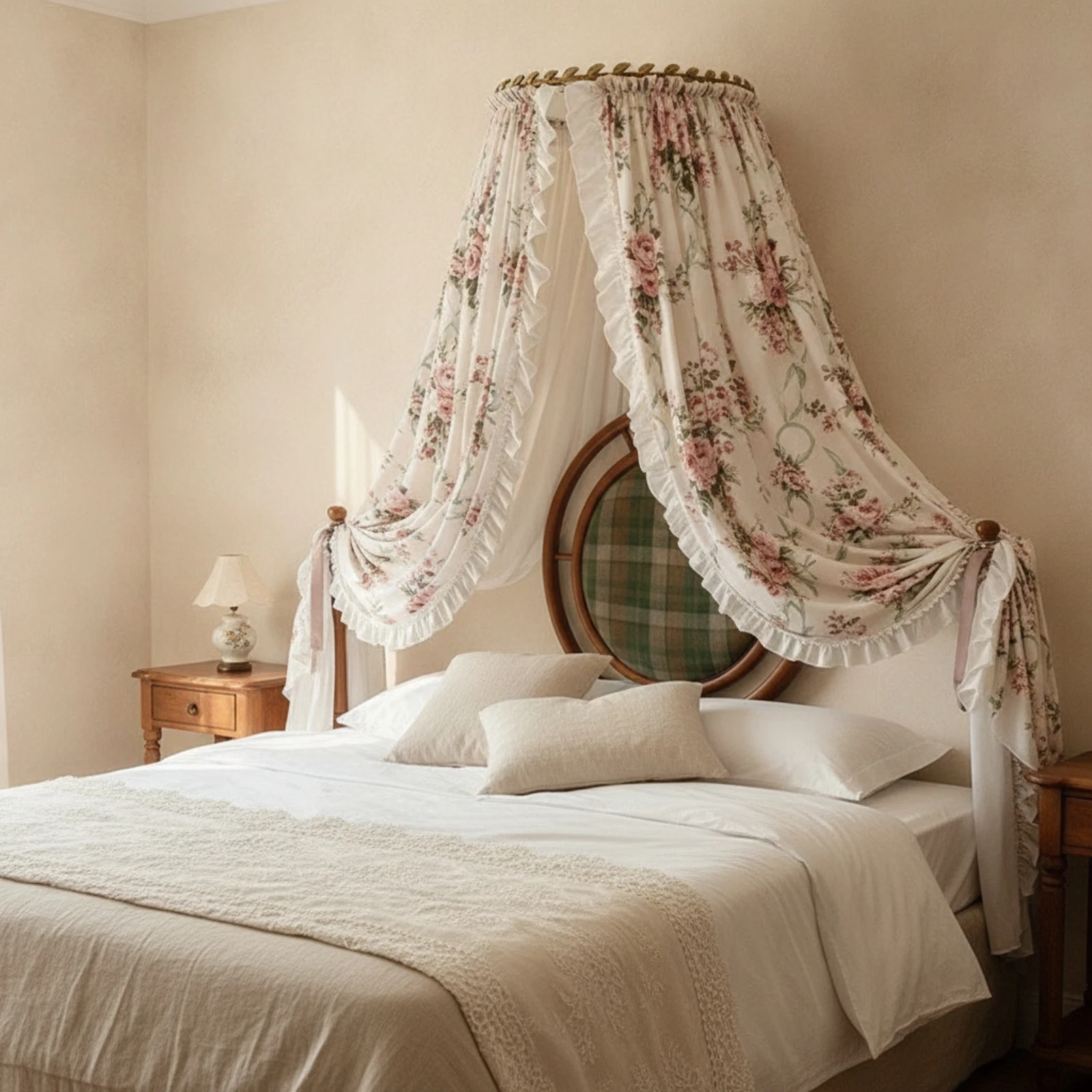 Decorative Bed Canopy with Support Frame Elegant Floral Print Bed Canopy Soft Cozy for Girls, Reading Nooks, Photo Styling