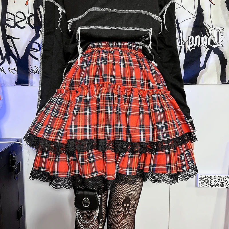 Japanese Dark Punk Retro Subculture Sweet Cool Y2k Mini Skirt Elastic High Waist Lace Splicing Fluffy Cake Skirts Women Summer