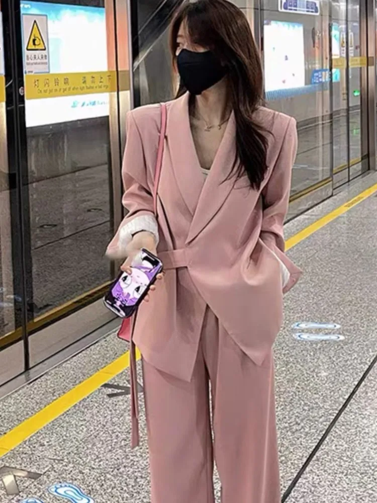 Office Lady Blazer Belt Pant Suits Women's Pantsuit Korean Version Notched Baggy Pants Summer Elegant Euality Chic Women Outfit
