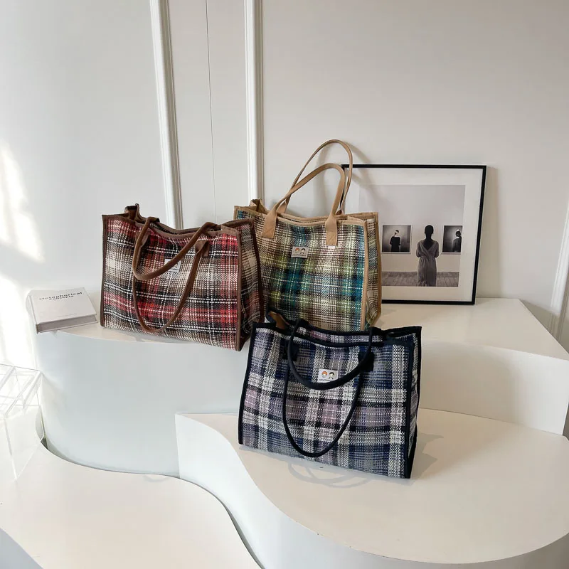 Women Bag Autumn Winter Designer Cloth Vintage Plaid Casual Tote Bag Shoulder Bags Handbags Zipper SOFT High-Capacity Totes