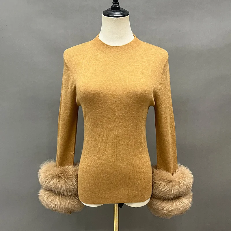 Lady Winter Sweater High Elastic With Fox Fur Cuff Women Clothing Detachable Cuff Pullover S5820