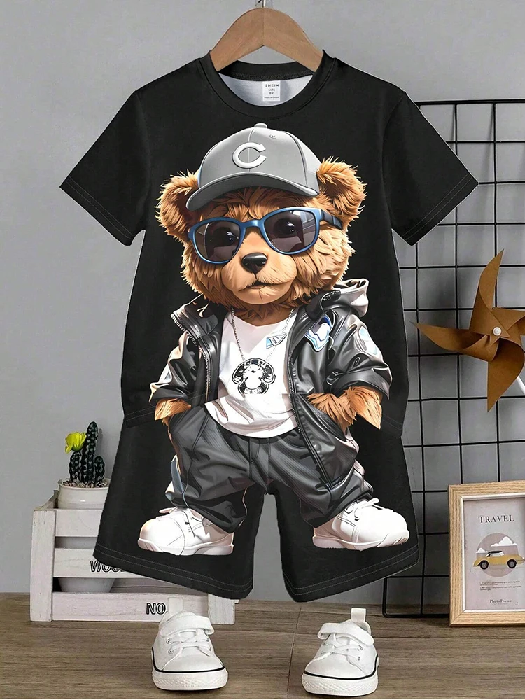 New Anime Trend Cool Bear Print Short Sleeve T-shirt Shorts Summer Men's Fashion Street Suit Heat Insulation Anti-wrinkle