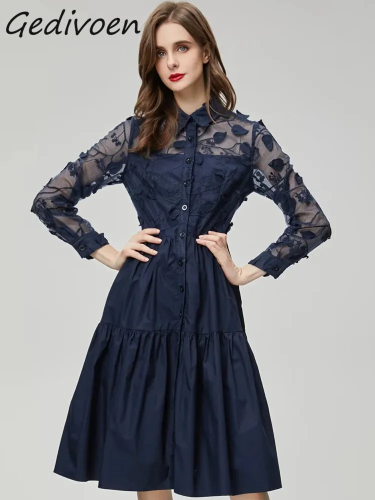 

Gedivoen Autumn Fashion Designer Black Vintage Party Dress Women's Lapel Long Sleeve Embroidery Single Breasted Slim long Dress