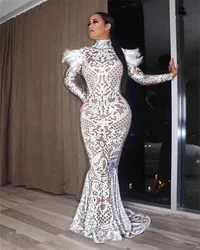 Women Evening Costume Prom Celebrate Big Tail Dresses Women Party Wear Dress White Feather Shoulder Rhinestone Long Train Dress