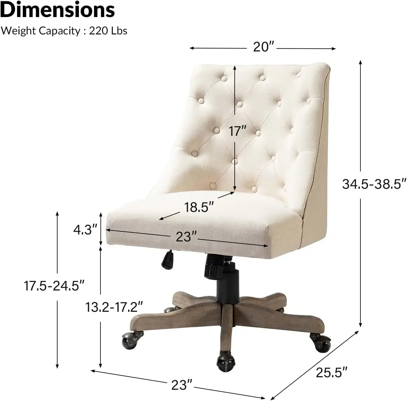 Modern Tufted Armless Home Office Chair, Comfy Upholstered Desk Chair with Vintage Wood Base, Height Adjustable