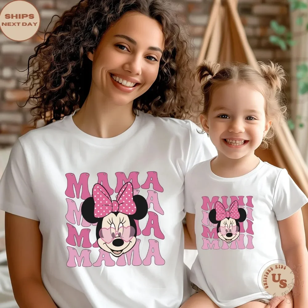 

Disney Minnie Mouse Mom and Mini Matching T-shirt Cotton Short Sleeve Mom and Me Retro Repeatedly Printed Family Top