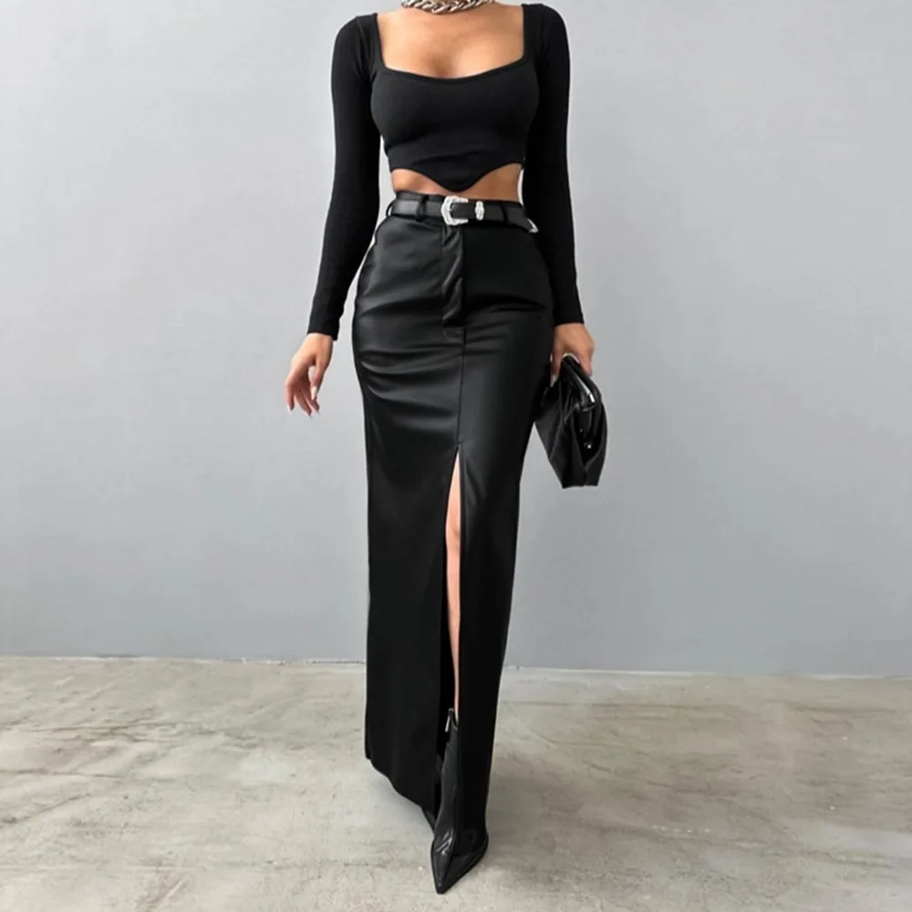 Women PU Leather Skirts 2025 Autumn Women's Punk  Leather Slim Midi Skirt High Waisted Solid Color Split Design Minimalist Skirt