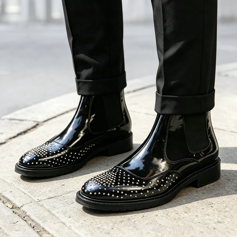 Men Black Genuine Leather Chelsea Ankle Boots Elastic Side Panel Metal Stud Rivet Slip‑On Punk Party Fashion Short Dress Boots