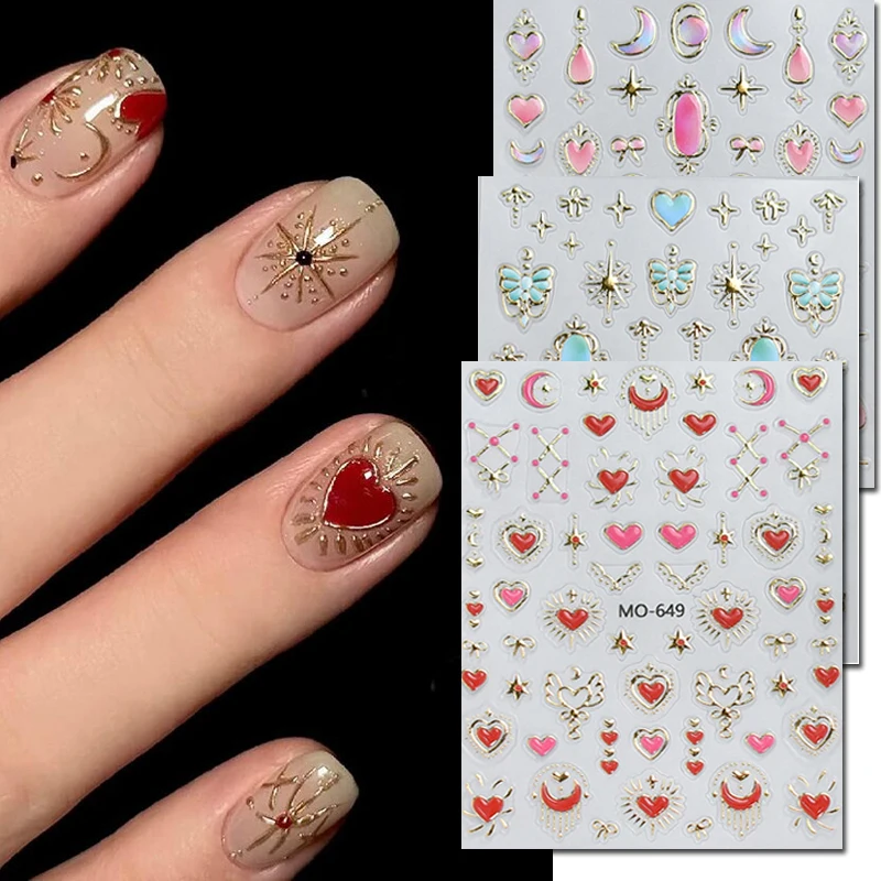 

3pcs 5d Emboss Nail art Stickers Gold Lines Pink Red Baroque Jewels Stars Moons Decals For Nail Decorations Manicures Beauty