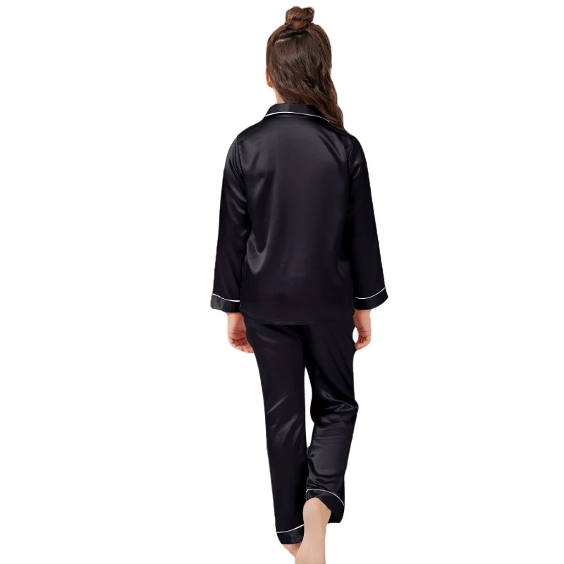 Wholesale Pajamas Little Kids Boys Girls Satin Silk Black Sleepwear Set Button-Down Satin Clothes Long Sleeve Loungewear D65