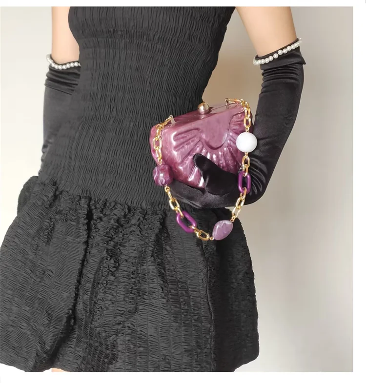 Luxury Women Pearl Purple Acrylic Evening Bag Handmade Vintage Shell Shape Party Bag wholesale