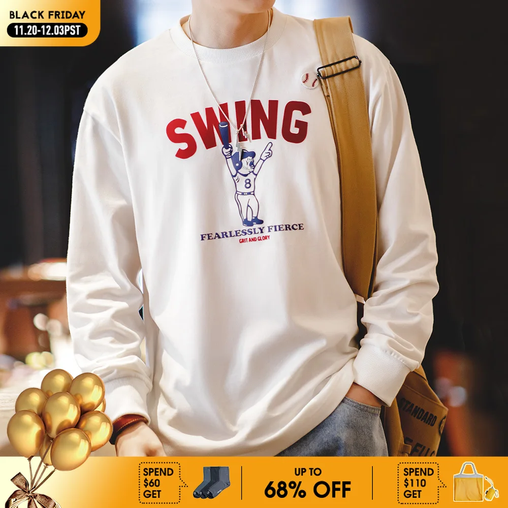 

Maden Мужская футболка с длинными рукавами и объемной вышивкой с бейсбольным рисунком круглый вырез хлопковая базовая футболка мужская осенняя футболка кремового цвета