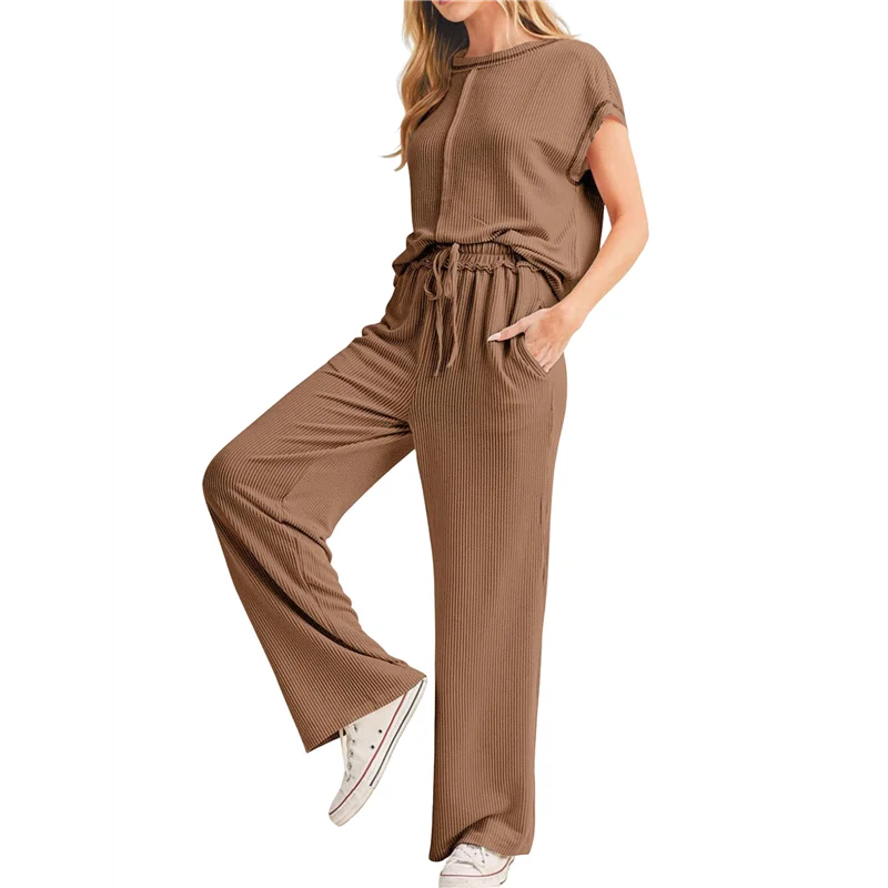 بلوزة CYL-Women's مكونة من قطعتين كاجوال مضلعة بأكمام قصيرة، سراويل واسعة الساق، ملابس منزلية، ملابس رياضية للسفر #4