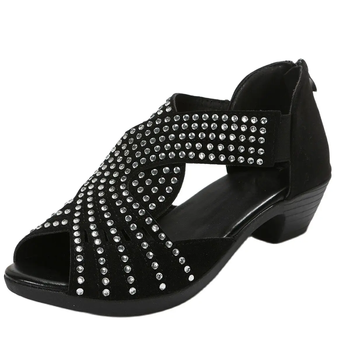 2026 Neue Modische Bequeme Tanzsandalen für Damen mit Strass-Reißverschluss und Kristallen, Indoor-Schuhe mit Offener Spitze – Detail 13