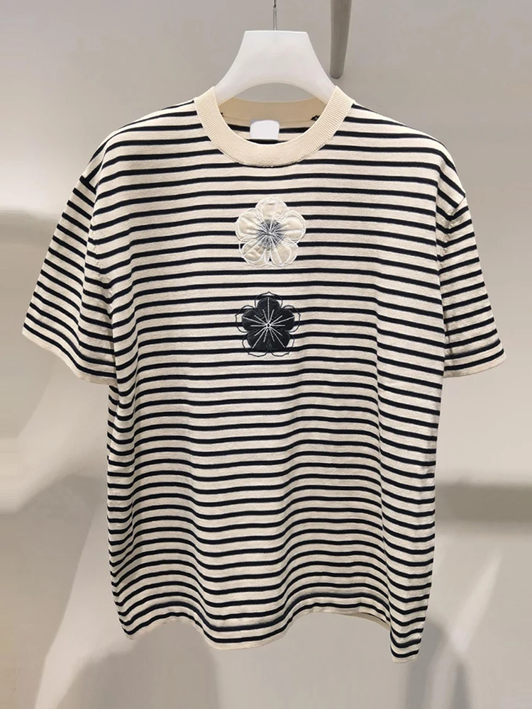 

High-End Women's Summer 2025 Loose Casual Versatile Striped Knitted T-irt Top with Embroidered Flowers Comfortable Commute ...
