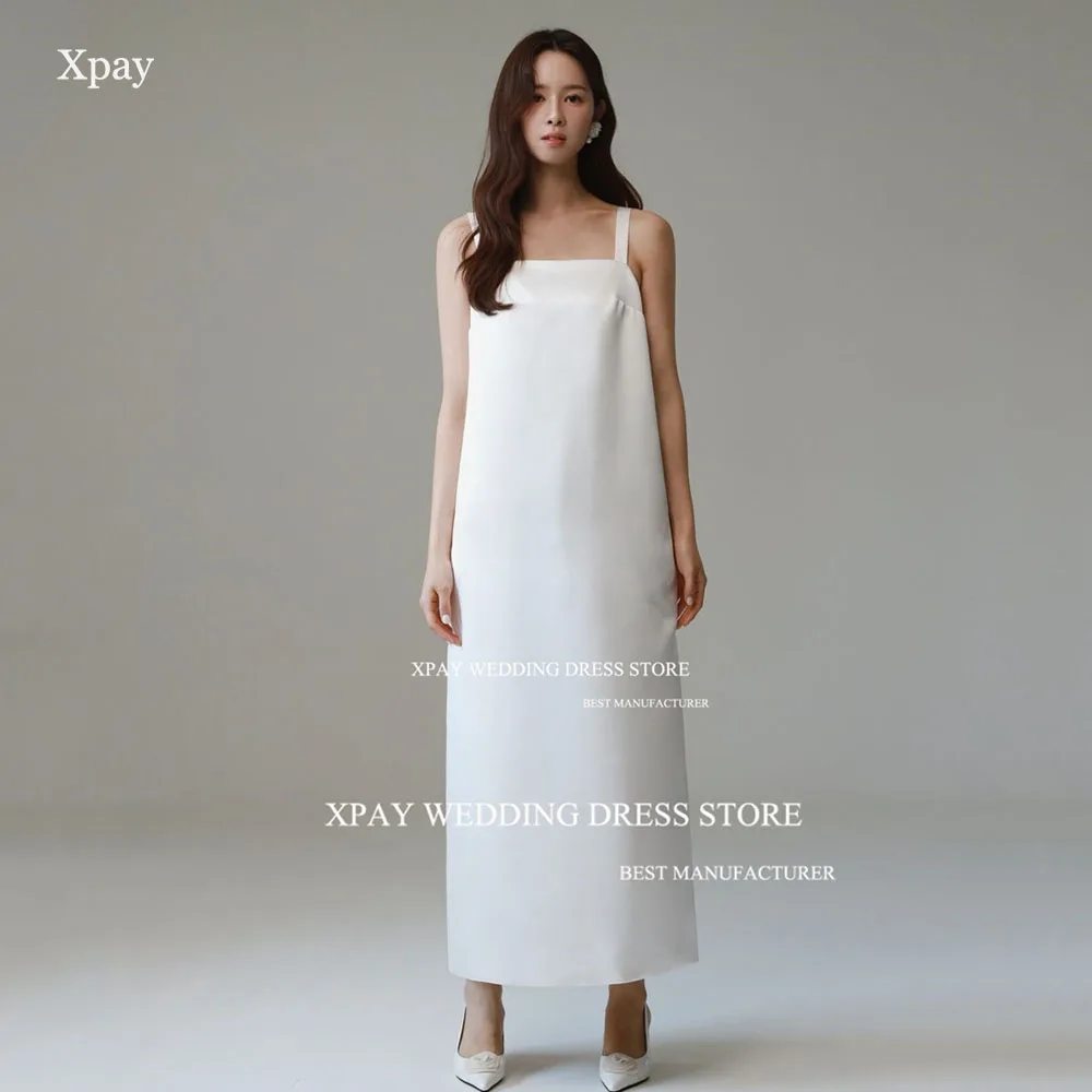 

XPAY Square Neck A Line Korea Wedding Dresses Wide Straps Backless Bow Bridal Gowns Ankle Length Custom Beach Bride Dress