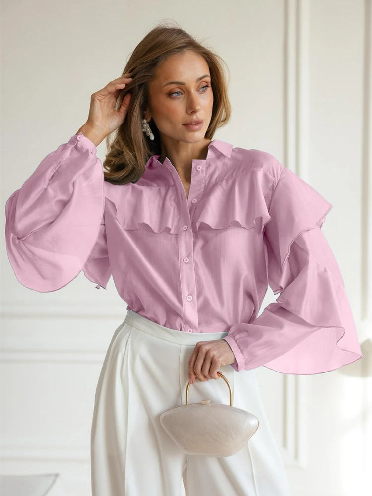 

Fashion Loose Pink Women's Shirt 2025 Sexy Turn-down Collar Long Sleeve Blouse Elegant Classic Ruffle Solid Top Female Clothing