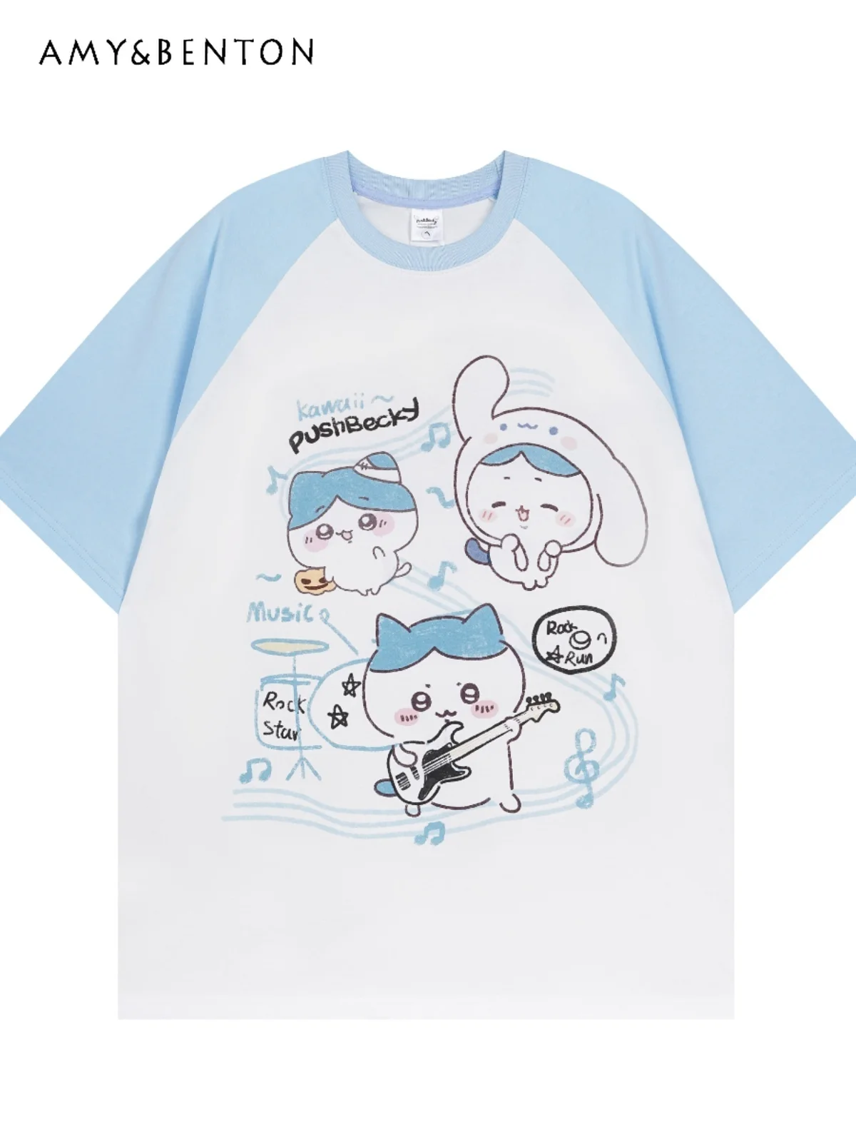 Japanese Cute Two-Dimensional Animation Printed Patchwork Color Short-Sleeved Top Casual All-Match Tops Y2K Oversized T Shirt