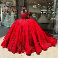 Abito da ballo rosso con paillettes in pizzo con spalle scoperte Abito da ballo Quinceanera Abito da ballo di compleanno Dolce 15 16 Abito vestido personalizzato