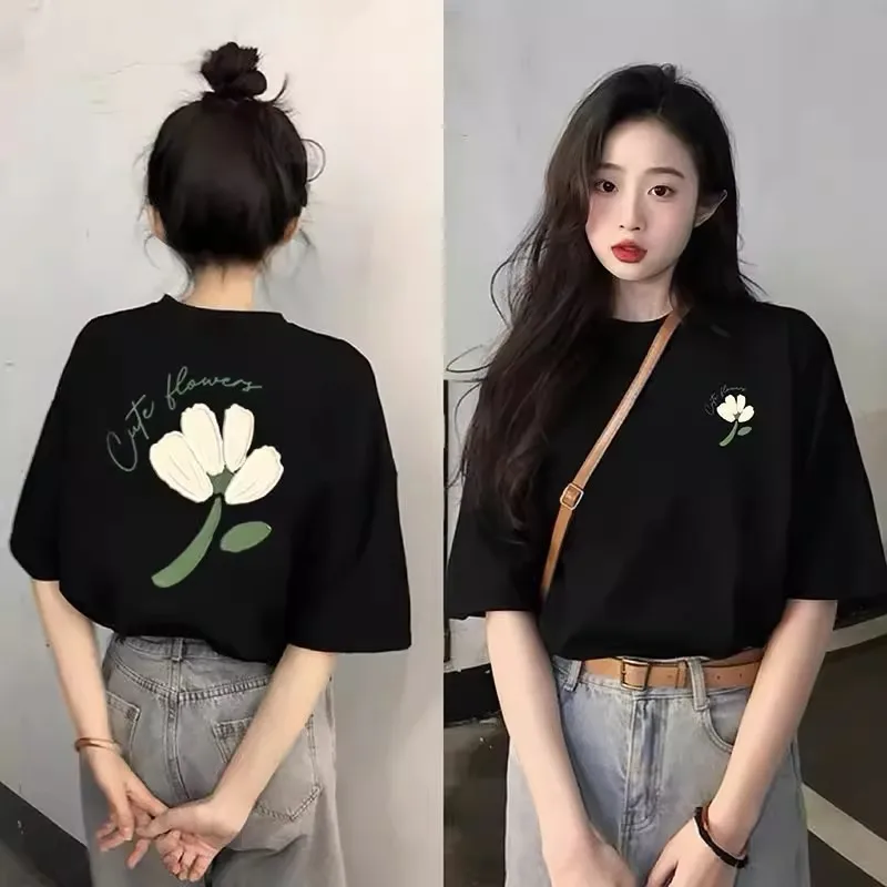 Heavyweight Pure Cotton Summer Short Sleeves T-shirt Printed Loose Niche College Style Youth All-Match Top