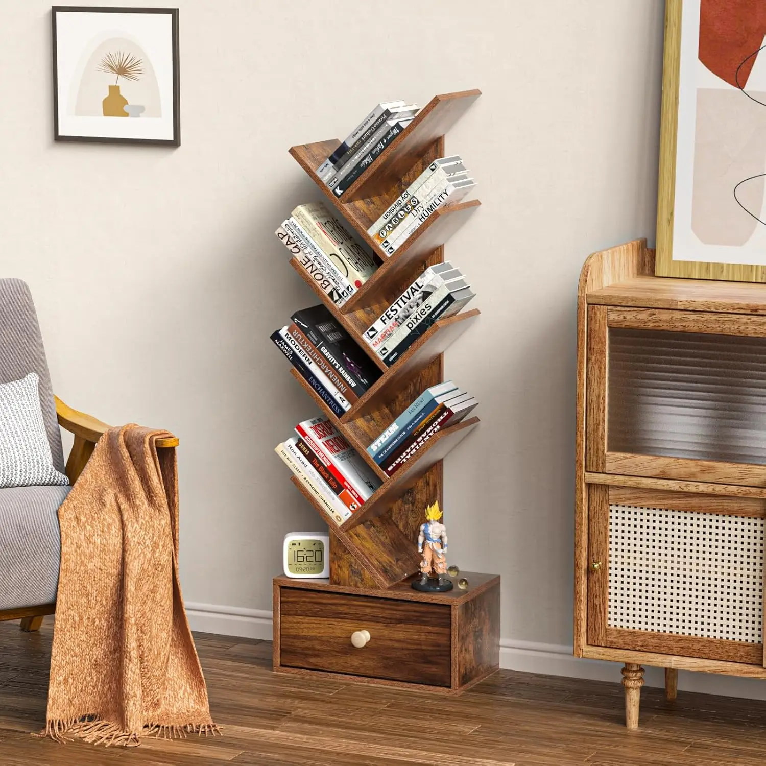 درج، خزانة كتب خشبية قائمة بذاتها للمساحة الضيقة، أرفف كتب منظمة للتخزين للكتب، حافظة كتب، ريفي